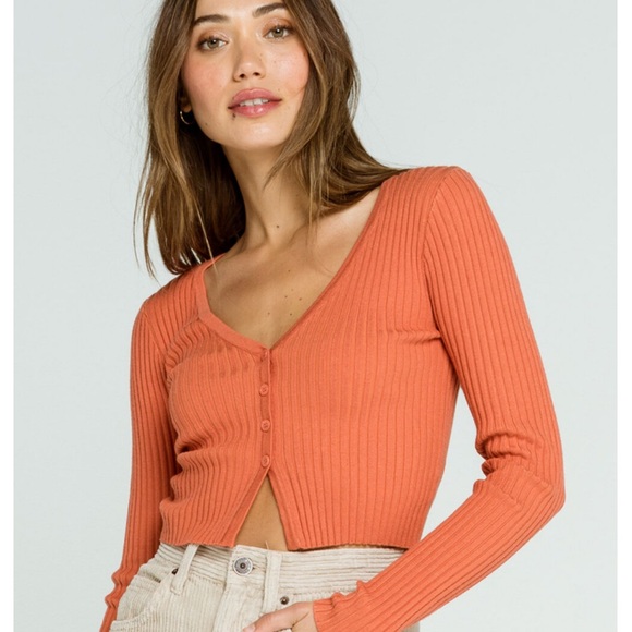 Tilly’s Full Tilt Cropped Burnt Orange Button Up Sweater - Picture 1 of 5